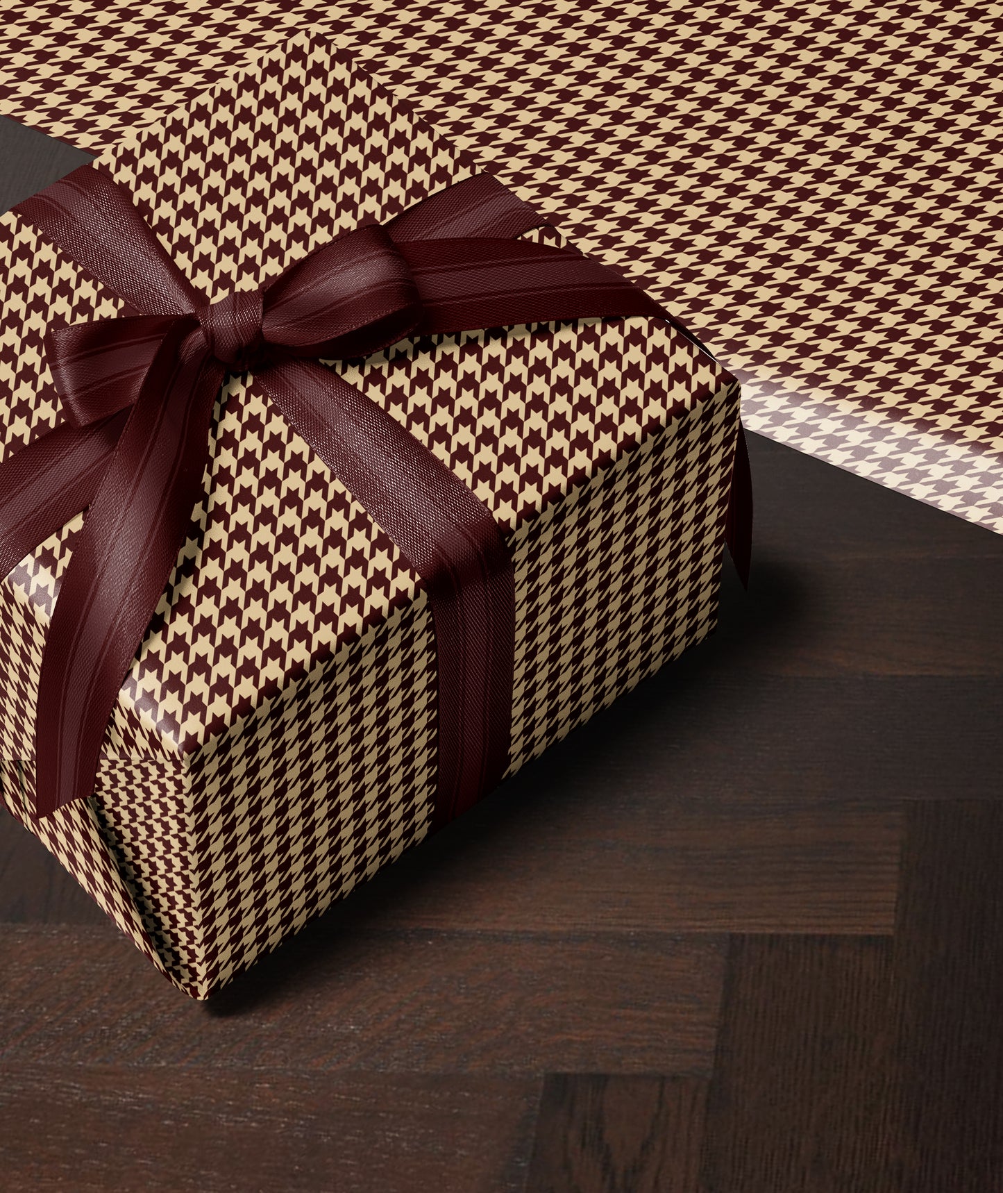 Maroon Coffee Cream Houndstooth Wrapping Paper. Elegant Wrapping Paper. Vintage Christmas Gift Wrap. Retro Gift Wrap. Luxury Wrapping Paper 