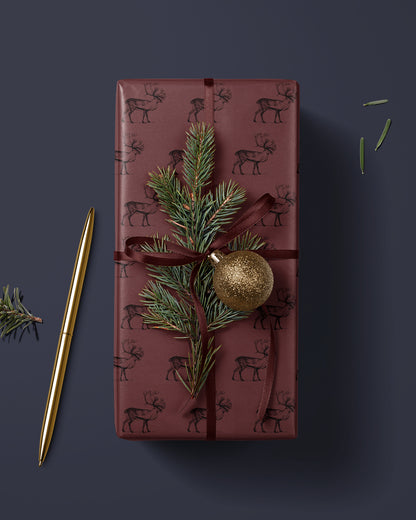 Reindeer Wrapping Paper. Vintage Christmas Gift Wrap Roll. Santa Reindeer Gift Wrap. Christmas Decor. Elegant Deer Gift Wrap. Santa Reindeer