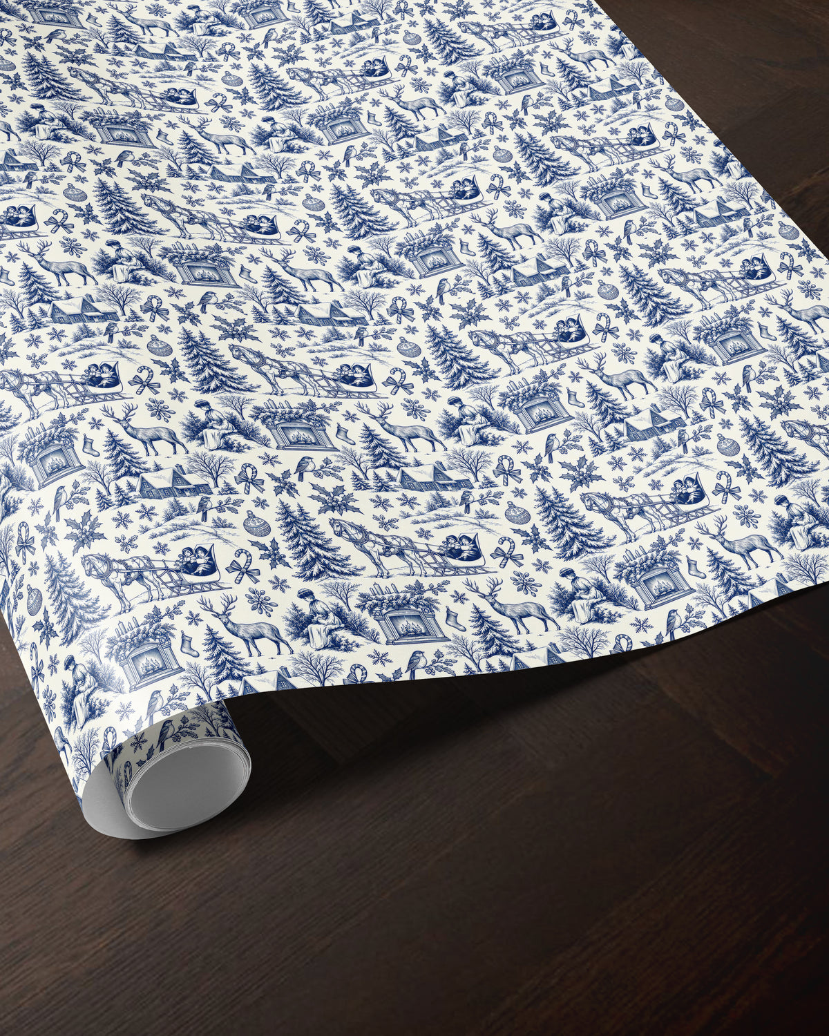 Blue woodland toile wrapping paper roll with a vintage forest pattern