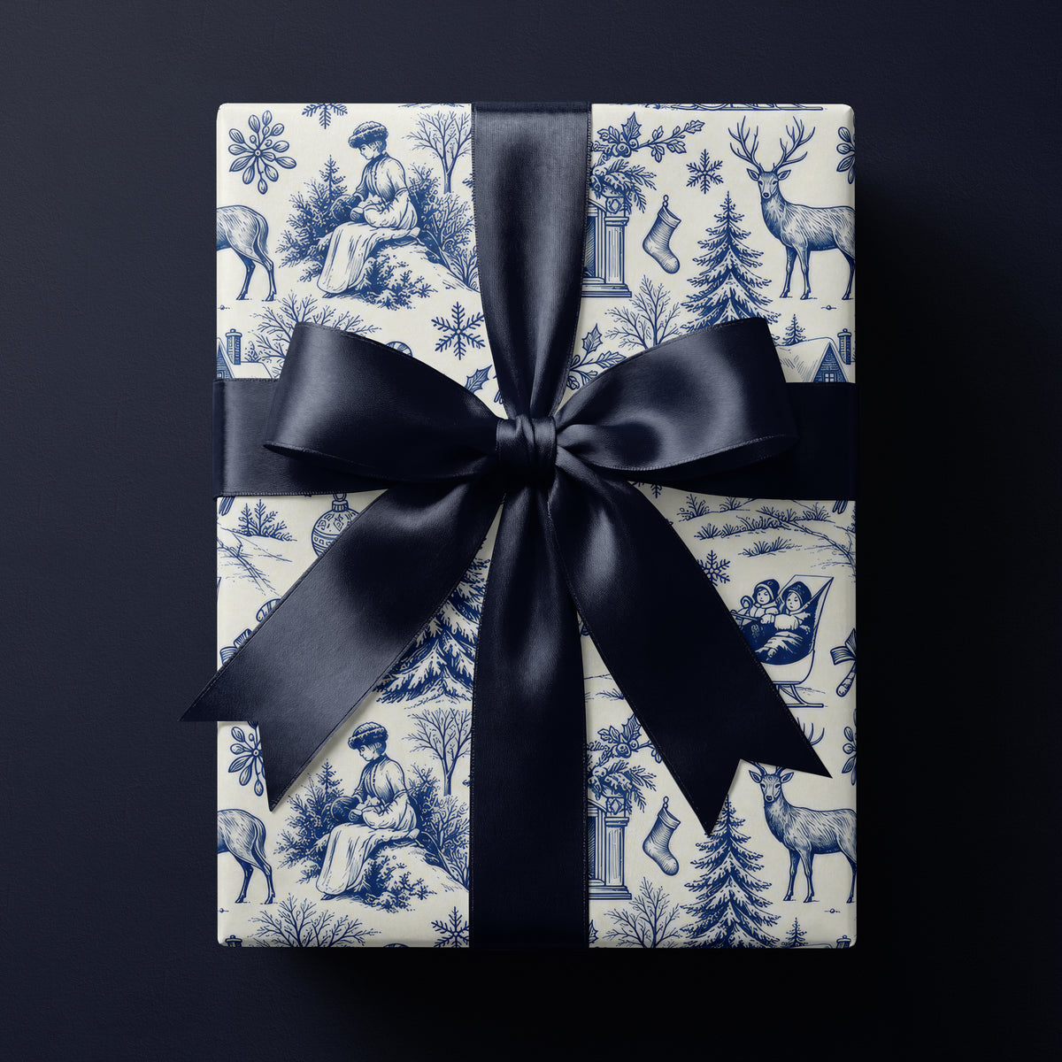 Blue woodland toile wrapping paper featuring a detailed forest scene