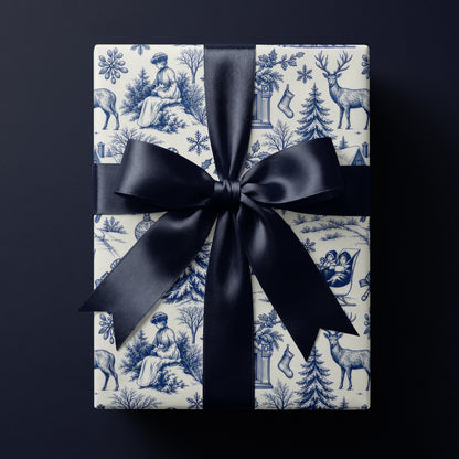 Blue woodland toile wrapping paper featuring a detailed forest scene