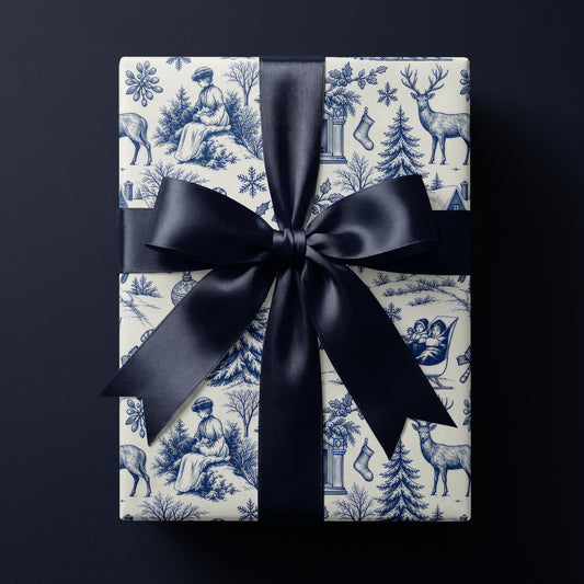 Blue woodland toile wrapping paper featuring a detailed forest scene