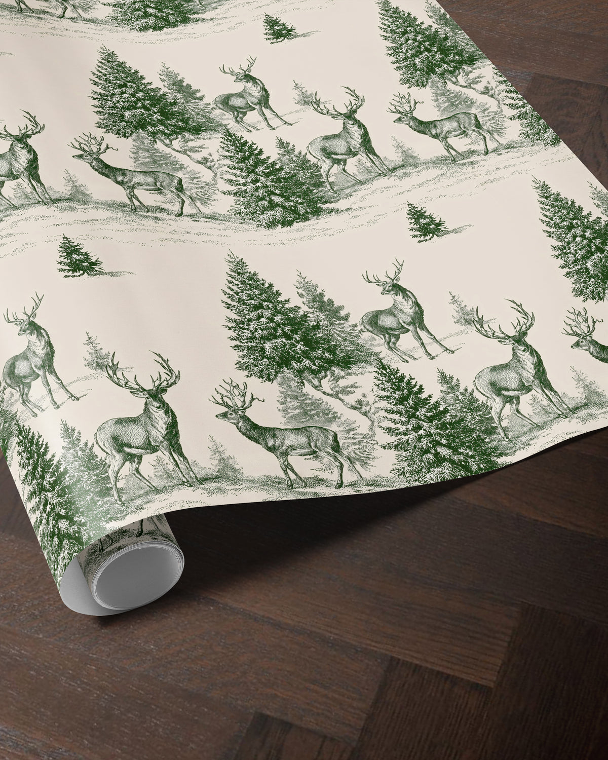 Toile Christmas Wrapping Paper. Vintage Woodland Christmas Gift Wrap. Holiday Gift Wrap Roll. Classic Reindeer Christmas Gift Wrapping Paper

