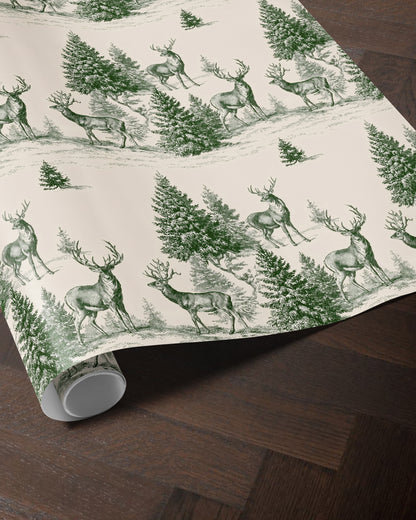 Toile Christmas Wrapping Paper. Vintage Woodland Christmas Gift Wrap. Holiday Gift Wrap Roll. Classic Reindeer Christmas Gift Wrapping Paper
