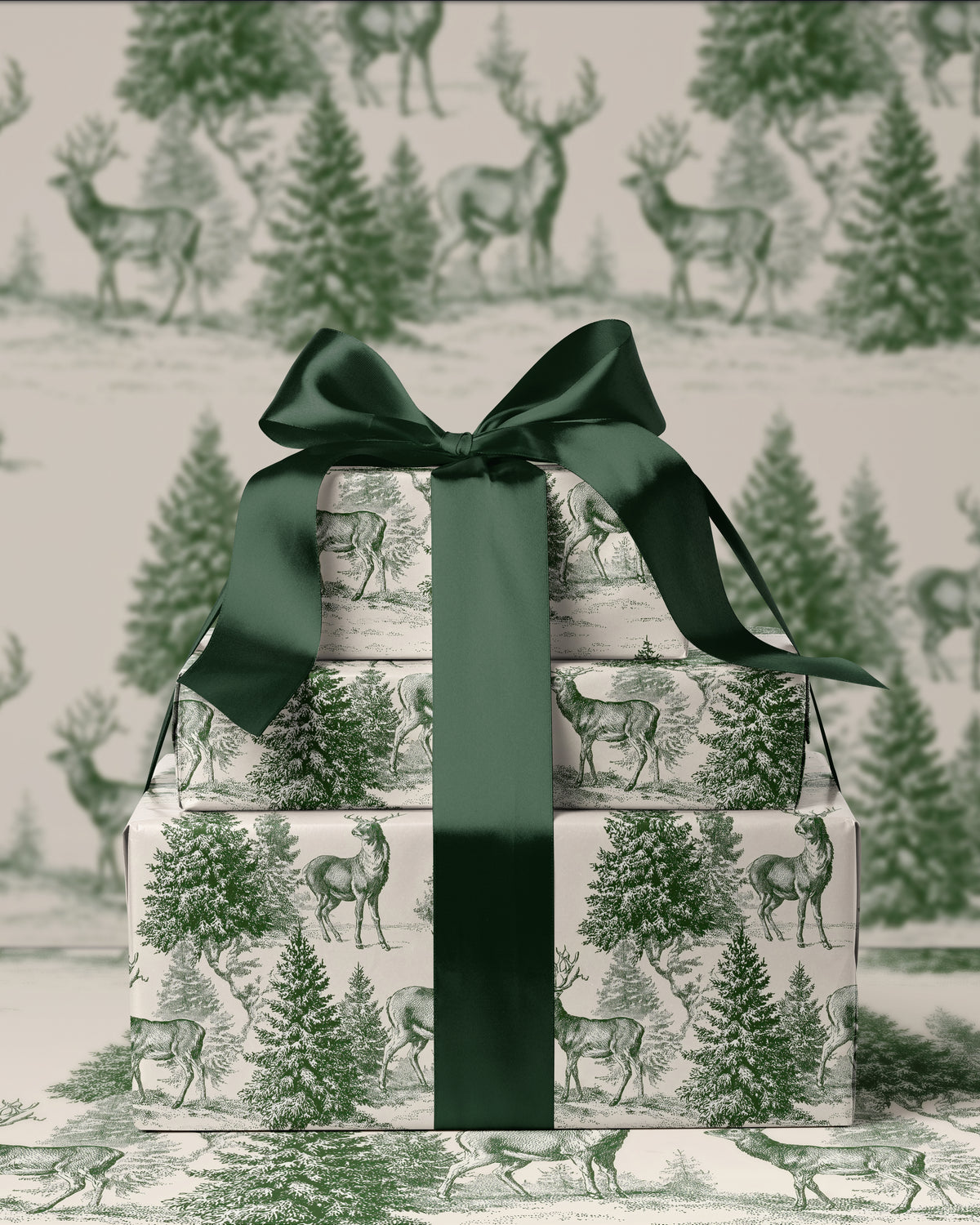 Toile Christmas Wrapping Paper. Vintage Woodland Christmas Gift Wrap. Holiday Gift Wrap Roll. Classic Reindeer Christmas Gift Wrapping Paper
