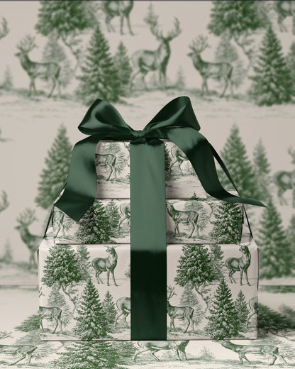 Toile Christmas Wrapping Paper. Vintage Woodland Christmas Gift Wrap. Holiday Gift Wrap Roll. Classic Reindeer Christmas Gift Wrapping Paper
