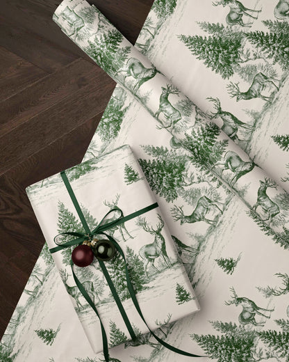 Toile Christmas Wrapping Paper. Vintage Woodland Christmas Gift Wrap. Holiday Gift Wrap Roll. Classic Reindeer Christmas Gift Wrapping Paper
