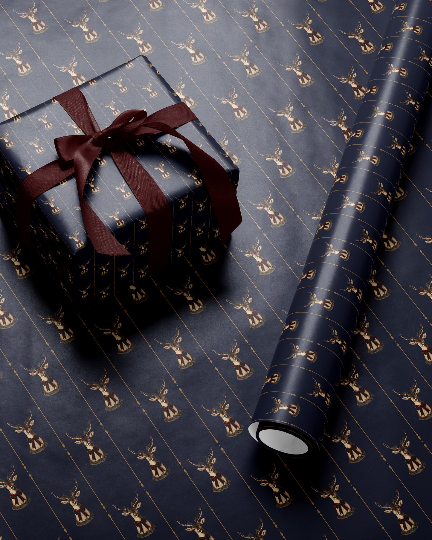 reindeer christmas wrapping paper. blue christmas gift wrap. festive wrapping paper. holiday gift wrap