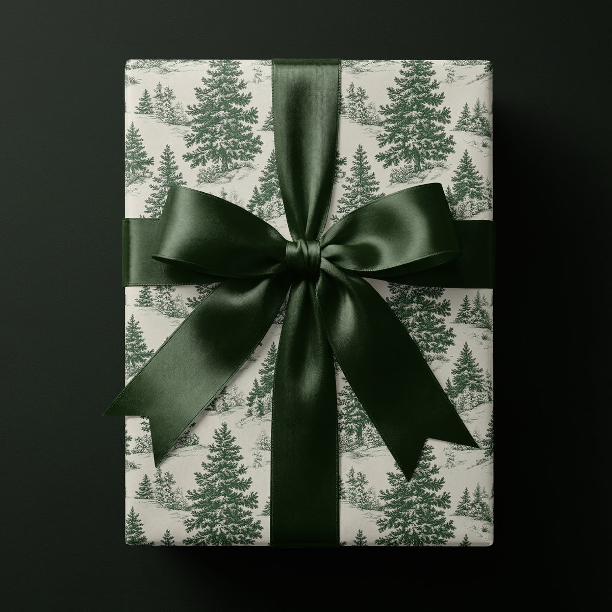 Vintage evergreen woodland toile wrapping paper featuring a detailed forest scene.