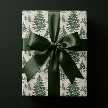 Vintage evergreen woodland toile wrapping paper featuring a detailed forest scene.