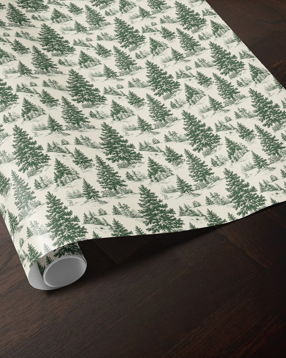 Woodland toile wrapping paper roll showing the detailed vintage forest pattern