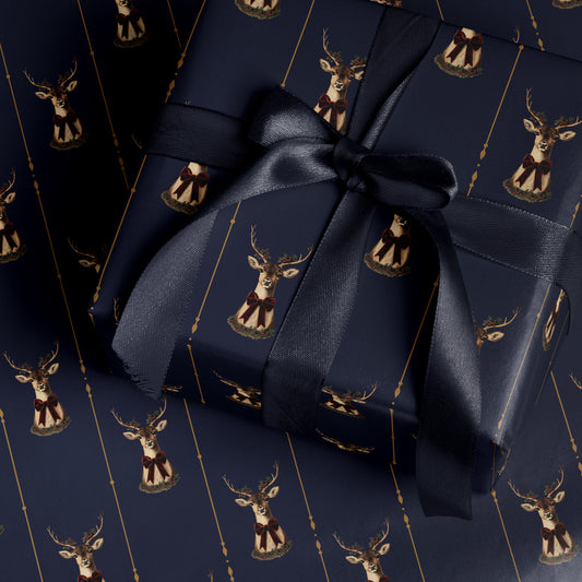 reindeer christmas wrapping paper. blue christmas gift wrap. festive wrapping paper. holiday gift wrap