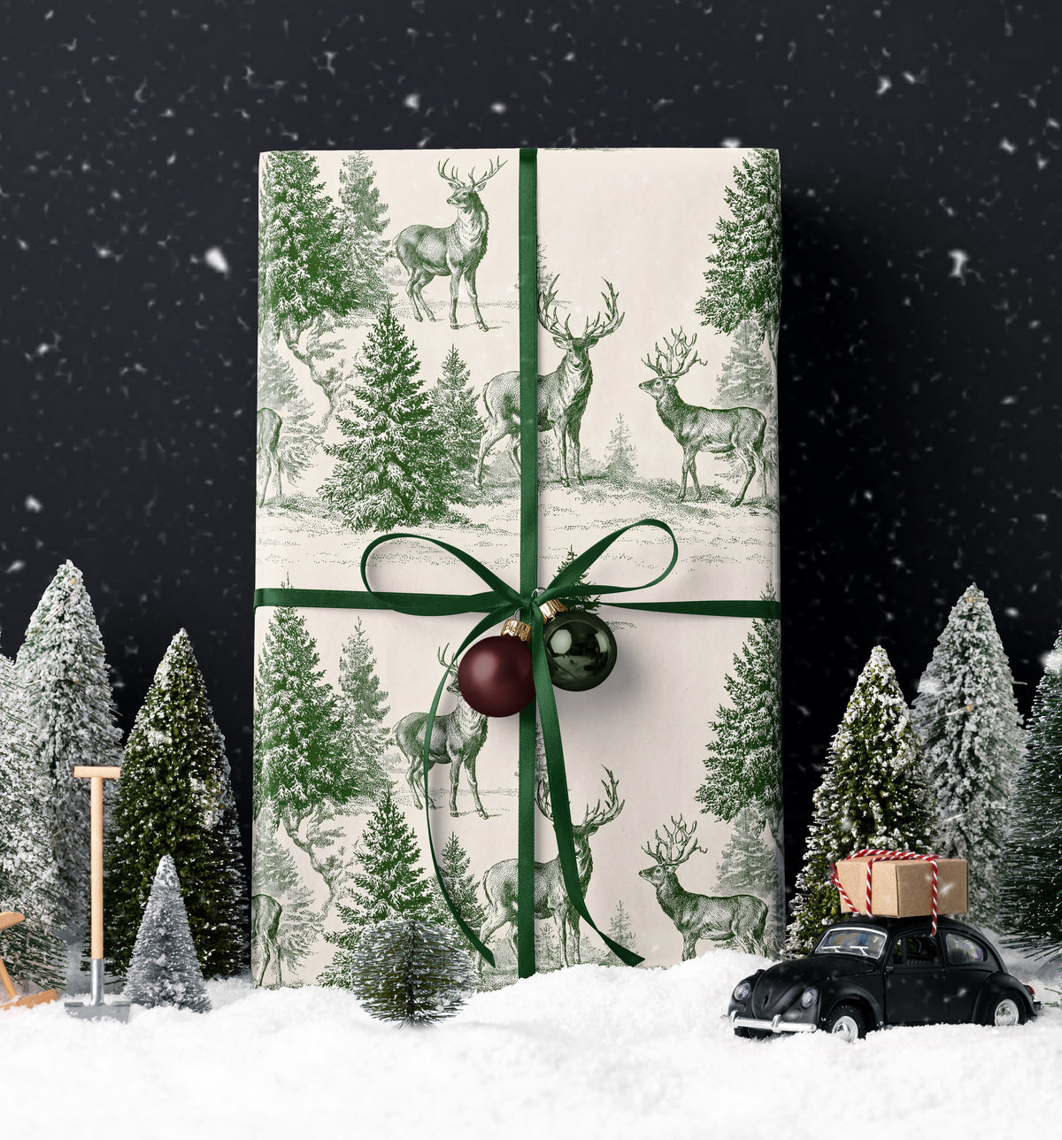 Toile Christmas Wrapping Paper. Vintage Woodland Christmas Gift Wrap. Holiday Gift Wrap Roll. Classic Reindeer Christmas Gift Wrapping Paper
