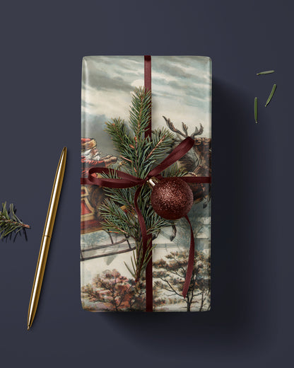 vintage santa scene. christmas wrapping paper. santa sleigh and reindeer gift wrap. traditional christmas wrapping paper. kardashian christmas wrapping paper 