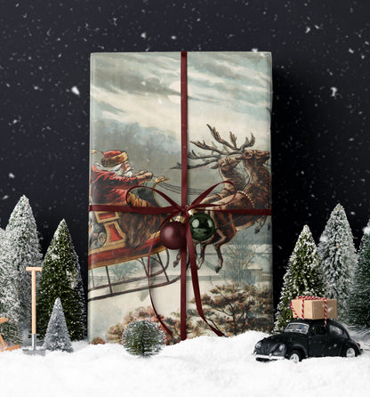 vintage santa scene. christmas wrapping paper. santa sleigh and reindeer gift wrap. traditional christmas wrapping paper. kardashian christmas wrapping paper 