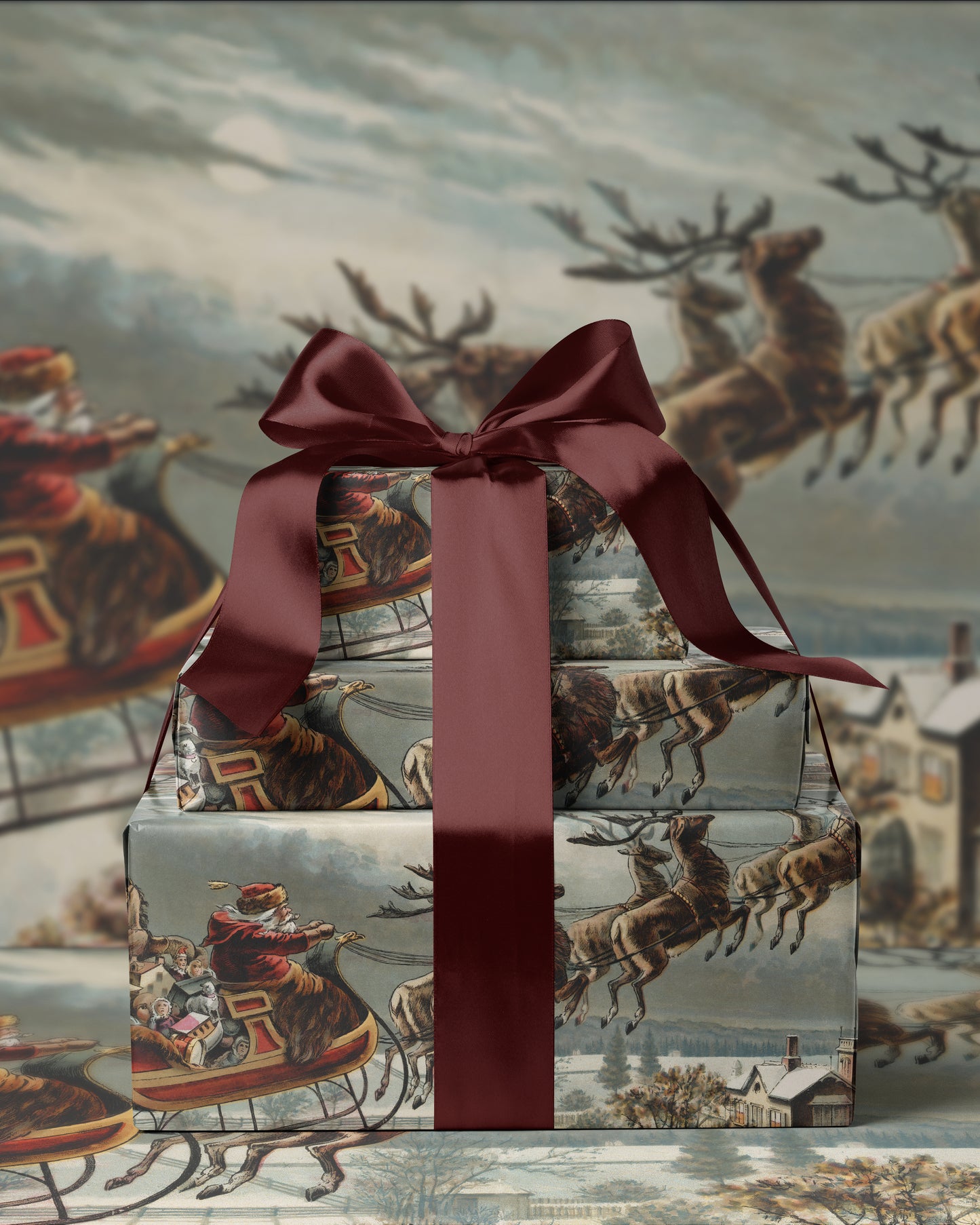 vintage santa scene. christmas wrapping paper. santa sleigh and reindeer gift wrap. traditional christmas wrapping paper. kardashian christmas wrapping paper 