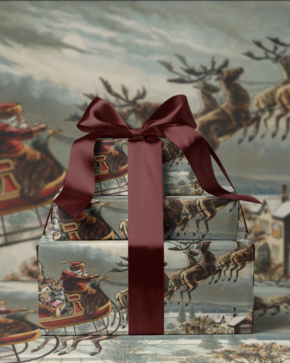 vintage santa scene. christmas wrapping paper. santa sleigh and reindeer gift wrap. traditional christmas wrapping paper. kardashian christmas wrapping paper 