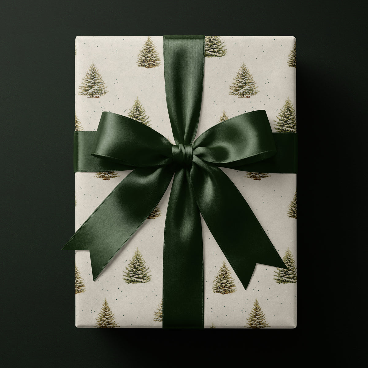 Snowy Christmas tree wrapping paper featuring classic pine trees in rich deep tones