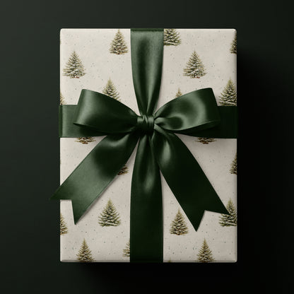 Snowy Christmas tree wrapping paper featuring classic pine trees in rich deep tones