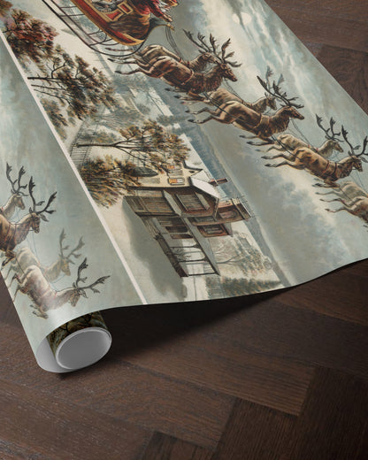 vintage santa scene. christmas wrapping paper. santa sleigh and reindeer gift wrap. traditional christmas wrapping paper. kardashian christmas wrapping paper 
