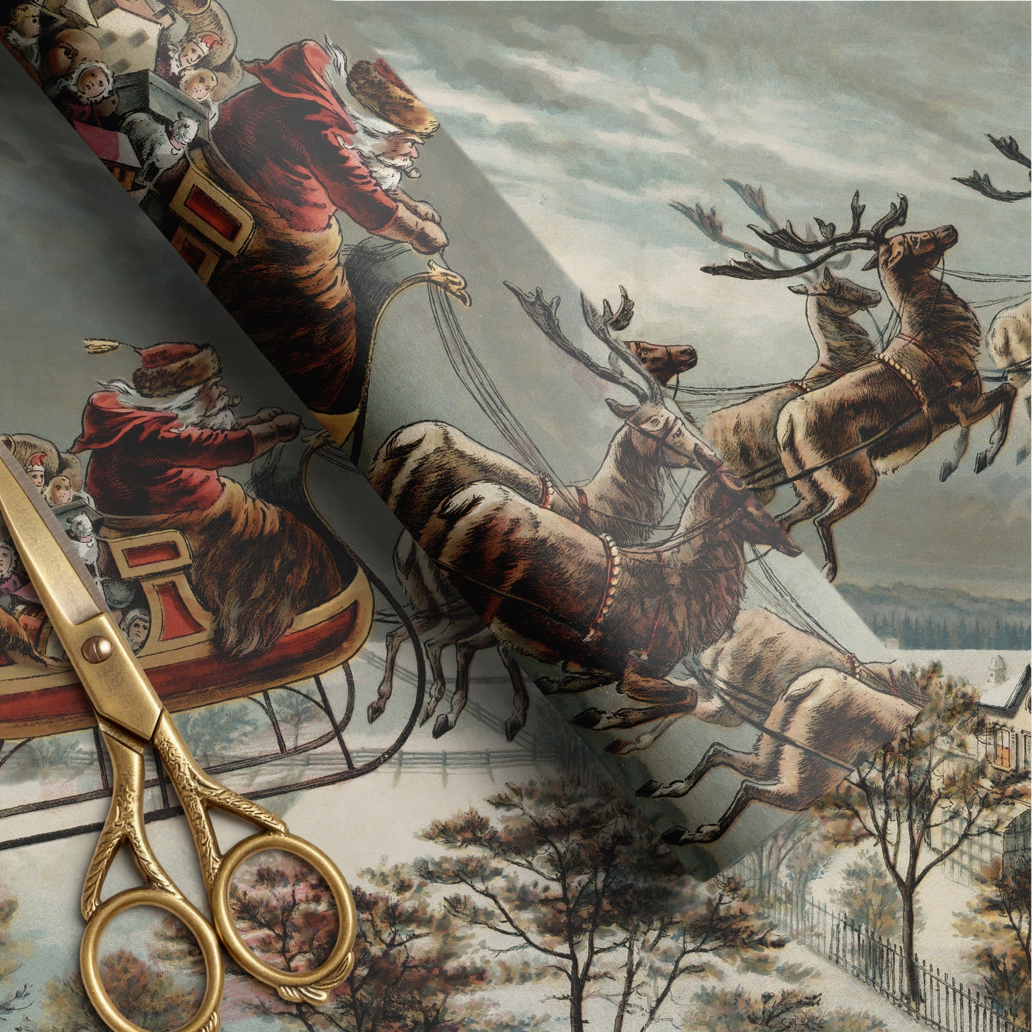 vintage santa scene. christmas wrapping paper. santa sleigh and reindeer gift wrap. traditional christmas wrapping paper. kardashian christmas wrapping paper 