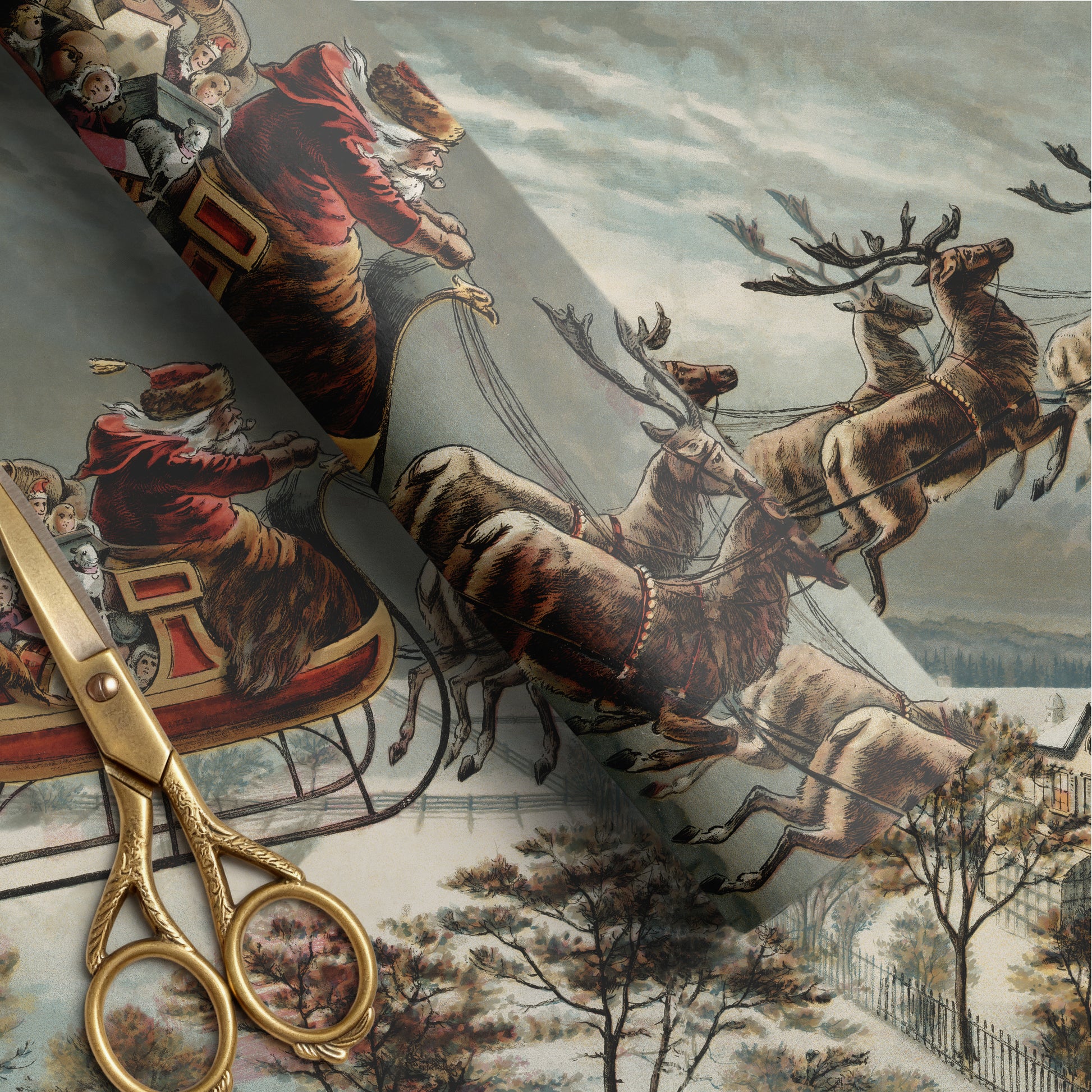 vintage santa scene. christmas wrapping paper. santa sleigh and reindeer gift wrap. traditional christmas wrapping paper. kardashian christmas wrapping paper 