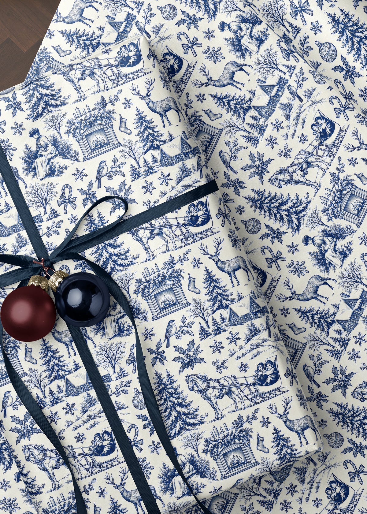 Close-up of blue woodland toile wrapping paper showing the detailed woodland scene