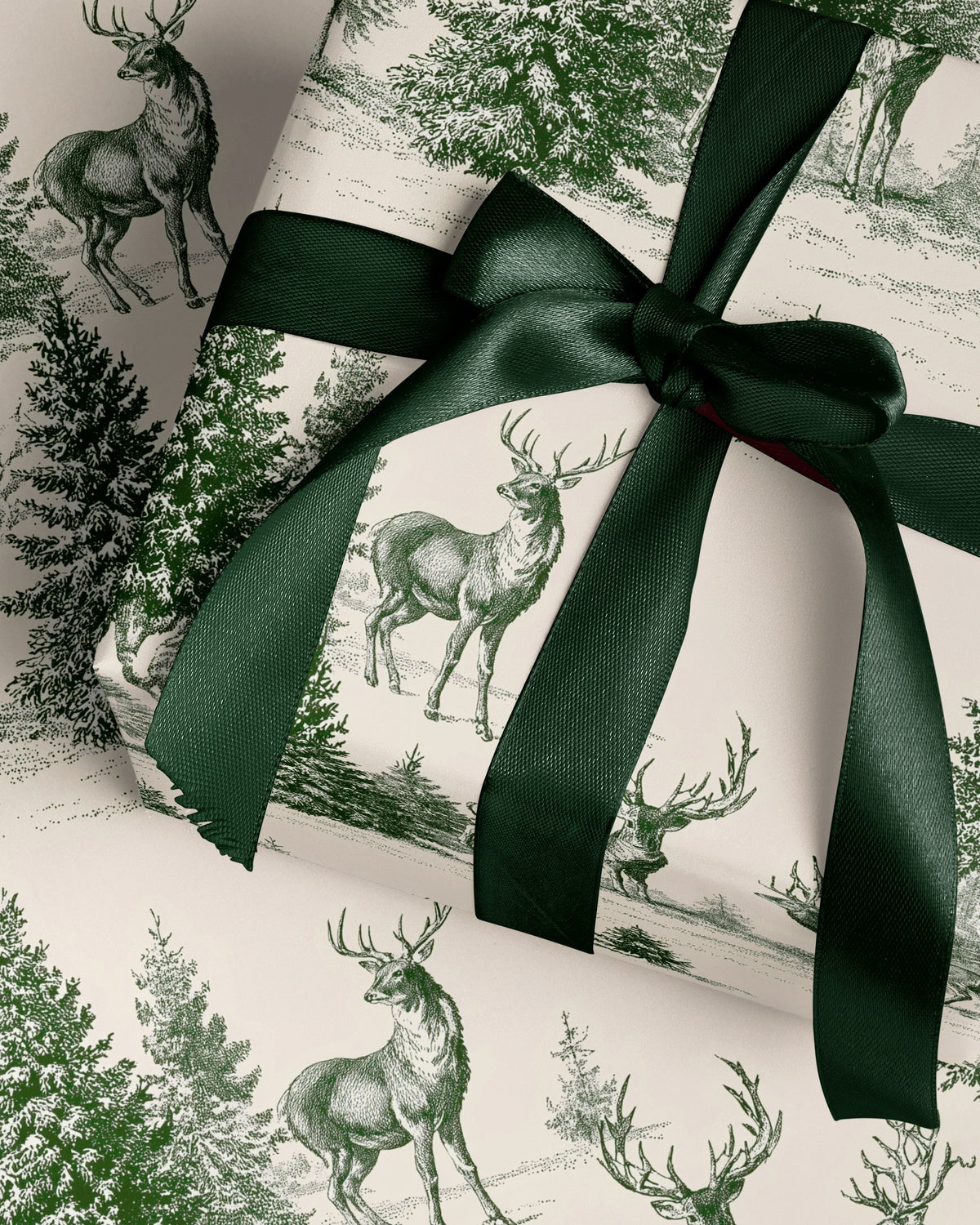 Toile Christmas Wrapping Paper. Vintage Woodland Christmas Gift Wrap. Holiday Gift Wrap Roll. Classic Reindeer Christmas Gift Wrapping Paper
