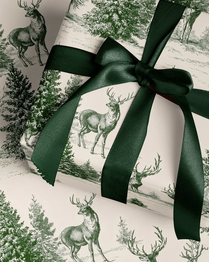 Toile Christmas Wrapping Paper. Vintage Woodland Christmas Gift Wrap. Holiday Gift Wrap Roll. Classic Reindeer Christmas Gift Wrapping Paper

